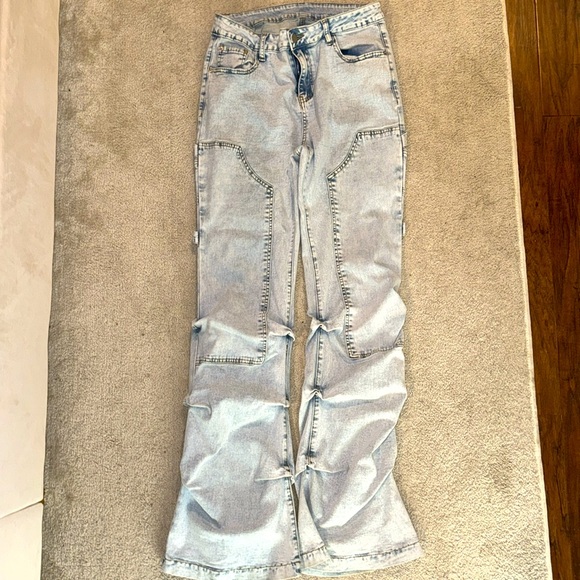 Jeanoix Casual Distressed Ruched Slim Fit Flare Leg Jeans Skinny Bootcut Jeans - Picture 3 of 6